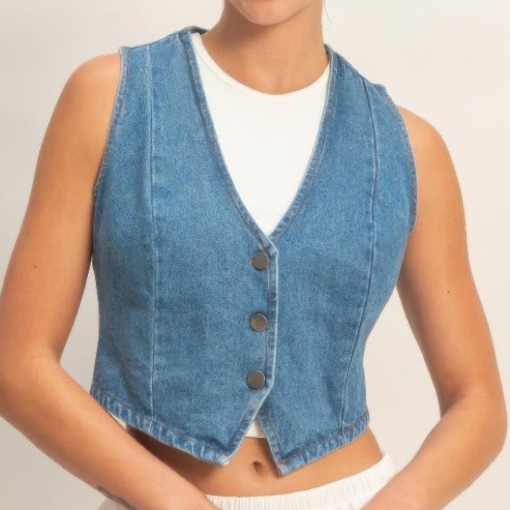 V-neck Sleeveless Denim Vest - Picture 2 of 6
